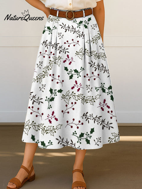 Women's Christmas Leaf Pattern Print Casual Cotton Skirt