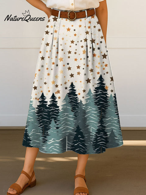 Women's Stars Christmas Tree Pattern Print Casual Cotton Skirt