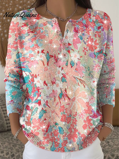 Flowers Floral Print Henley Neck Sparkling Sequin Sweater
