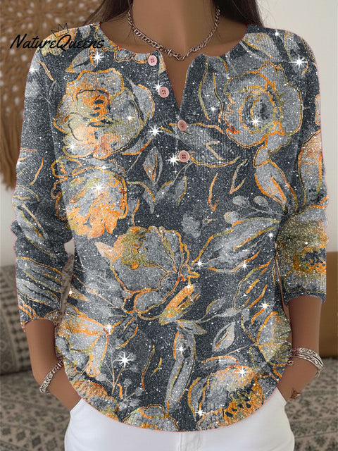 Flowers Floral Print Henley Neck Sparkling Sequin Sweater