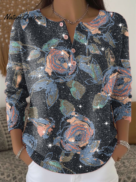 Flowers Floral Print Henley Neck Sparkling Sequin Sweater