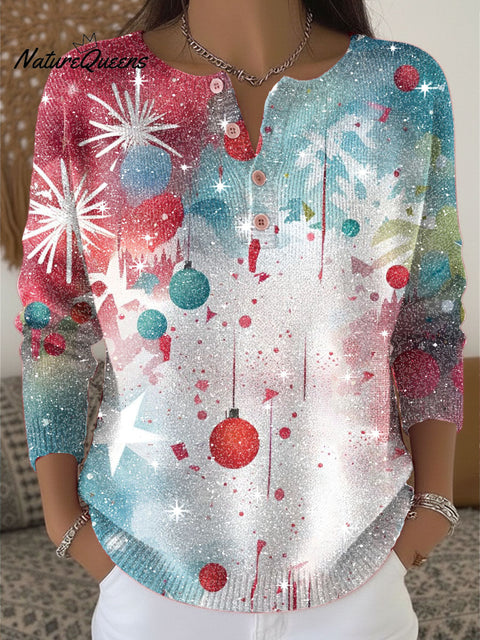 Christmas Color Balls Print Henley Neck Sparkling Sequin Sweater