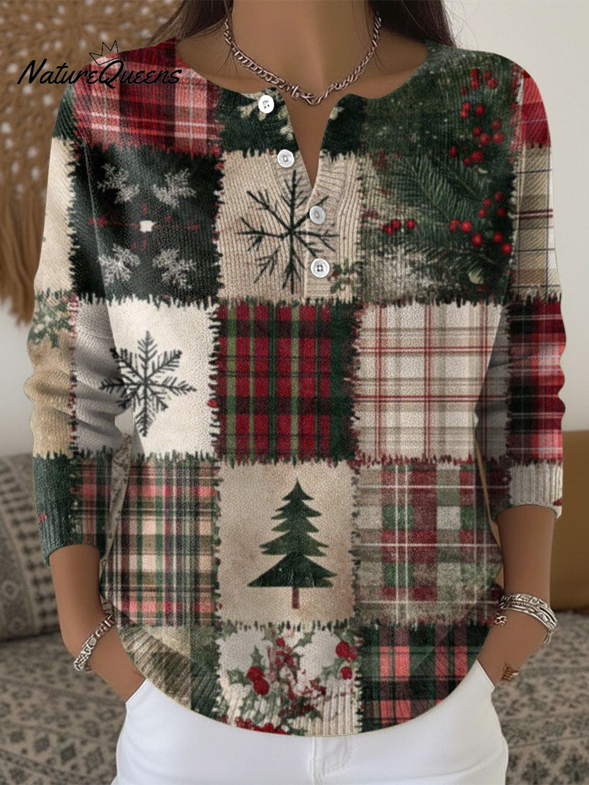 Retro Christmas Pattern Art Print Buttoned Cardigan Sweater