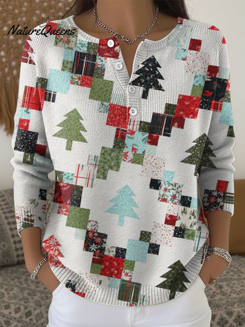 Retro Christmas Pattern Art Print Buttoned Cardigan Sweater
