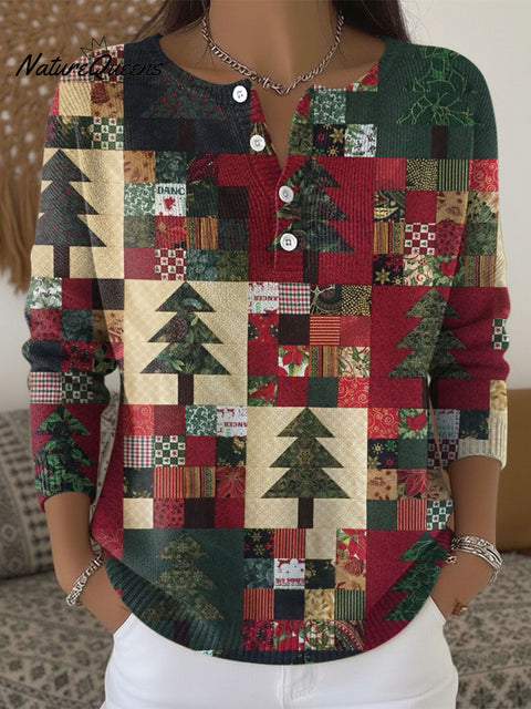 Retro Christmas Pattern Art Print Buttoned Cardigan Sweater