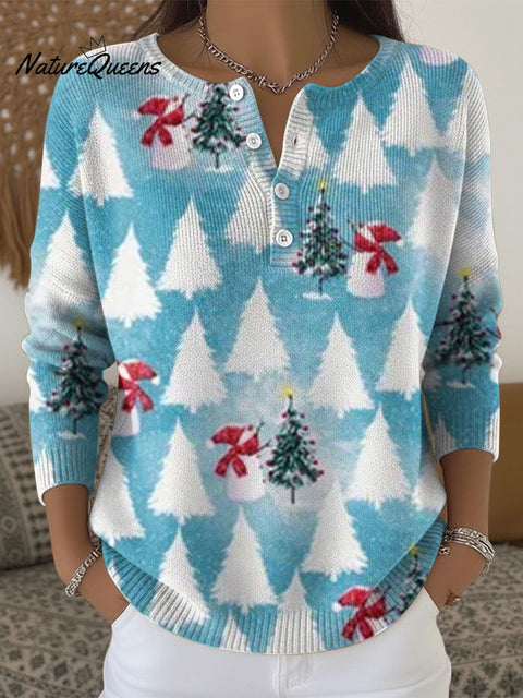 Retro Christmas Pattern Art Print Buttoned Cardigan Sweater