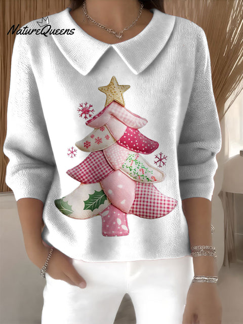 Women's Preppy Christmas Tree Print Casual Peter Pan Collar 3/4 Sleeve Sweater