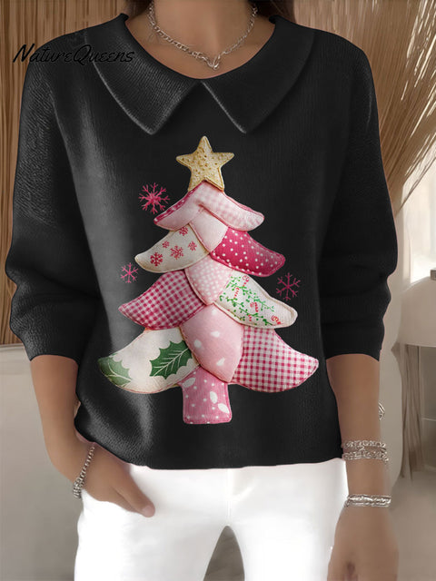 Women's Preppy Christmas Tree Print Casual Peter Pan Collar 3/4 Sleeve Sweater