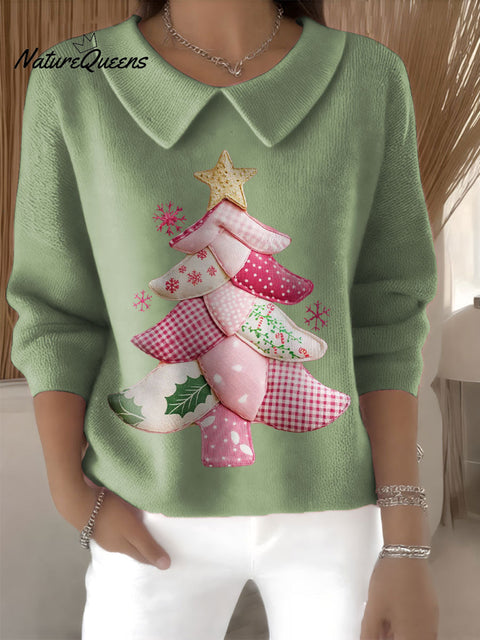 Women's Preppy Christmas Tree Print Casual Peter Pan Collar 3/4 Sleeve Sweater