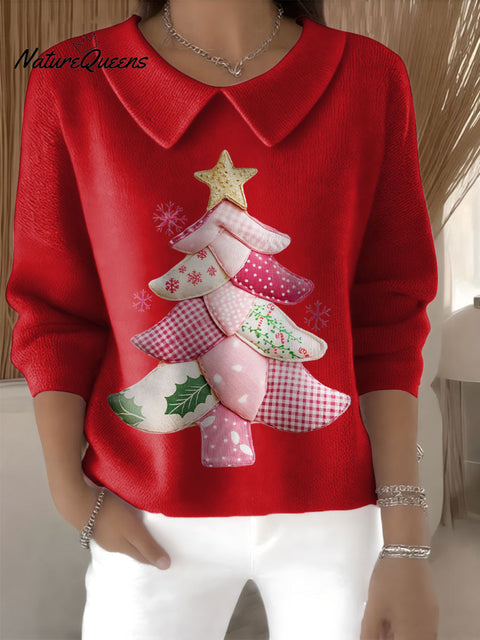 Women's Preppy Christmas Tree Print Casual Peter Pan Collar 3/4 Sleeve Sweater