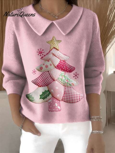 Women's Preppy Christmas Tree Print Casual Peter Pan Collar 3/4 Sleeve Sweater