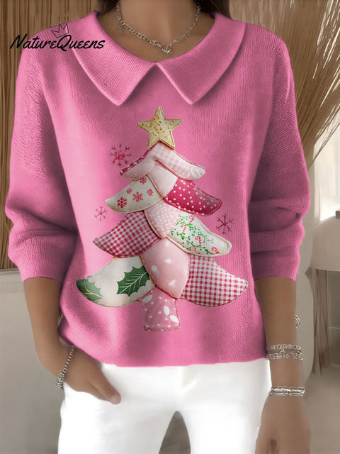 Women's Preppy Christmas Tree Print Casual Peter Pan Collar 3/4 Sleeve Sweater