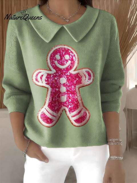Women's Cute Gingerbread Christmas Cookie Print Casual Peter Pan Collar 3/4 Sleeve Sweater