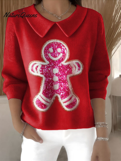 Women's Cute Gingerbread Christmas Cookie Print Casual Peter Pan Collar 3/4 Sleeve Sweater