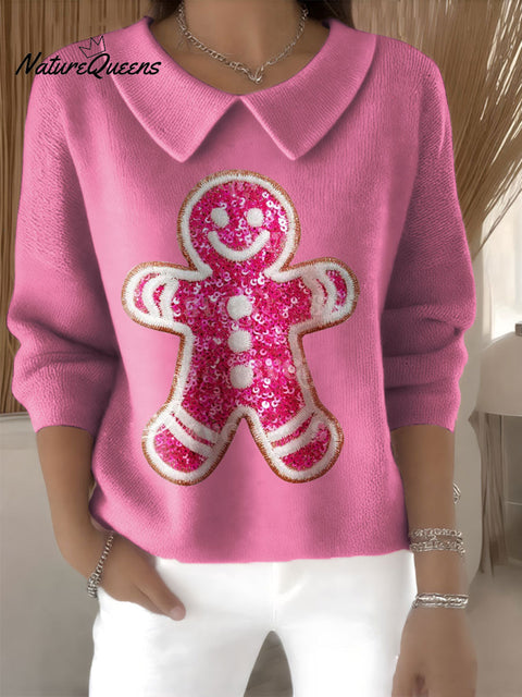 Women's Cute Gingerbread Christmas Cookie Print Casual Peter Pan Collar 3/4 Sleeve Sweater