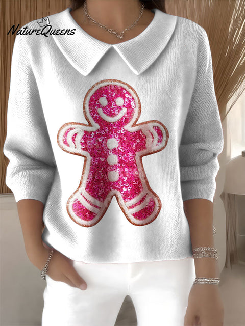 Women's Cute Gingerbread Christmas Cookie Print Casual Peter Pan Collar 3/4 Sleeve Sweater