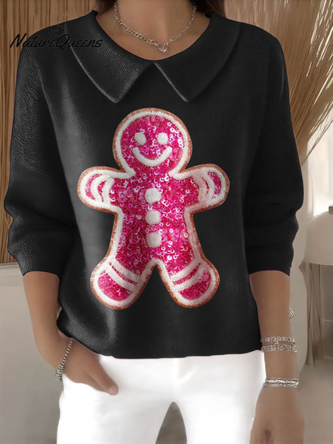 Women's Cute Gingerbread Christmas Cookie Print Casual Peter Pan Collar 3/4 Sleeve Sweater