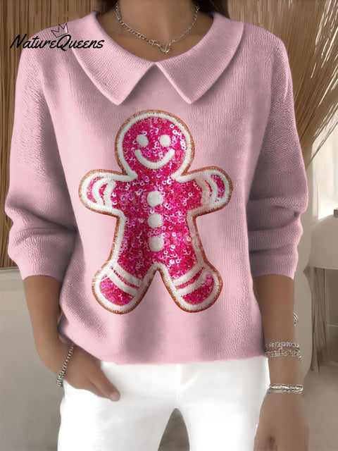 Women's Cute Gingerbread Christmas Cookie Print Casual Peter Pan Collar 3/4 Sleeve Sweater