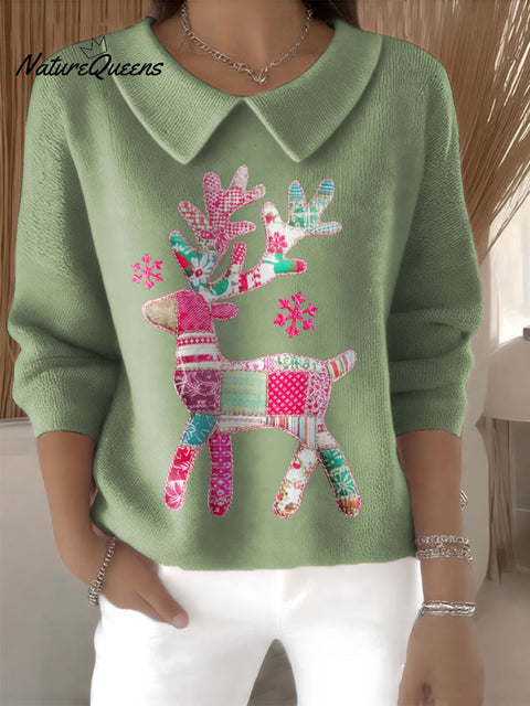 Women's Cute Reindeer Christmas Deer Print Casual Peter Pan Collar 3/4 Sleeve Sweater