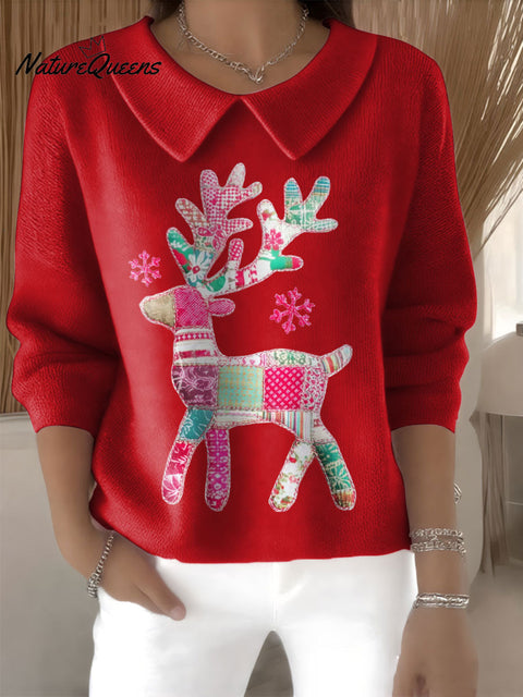 Women's Cute Reindeer Christmas Deer Print Casual Peter Pan Collar 3/4 Sleeve Sweater