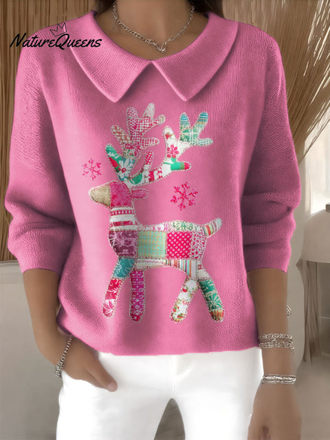 Women's Cute Reindeer Christmas Deer Print Casual Peter Pan Collar 3/4 Sleeve Sweater