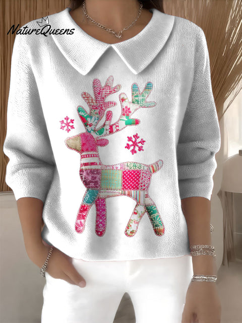 Women's Cute Reindeer Christmas Deer Print Casual Peter Pan Collar 3/4 Sleeve Sweater