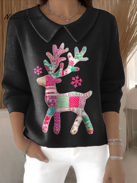 Women's Cute Reindeer Christmas Deer Print Casual Peter Pan Collar 3/4 Sleeve Sweater