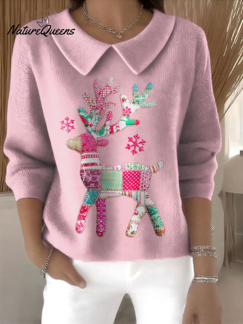 Women's Cute Reindeer Christmas Deer Print Casual Peter Pan Collar 3/4 Sleeve Sweater