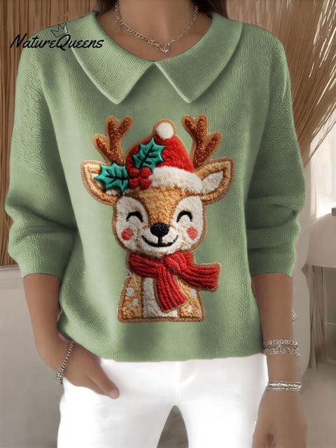Women's Cute Deer Reindeer Christmas Print Casual Peter Pan Collar 3/4 Sleeve Sweater