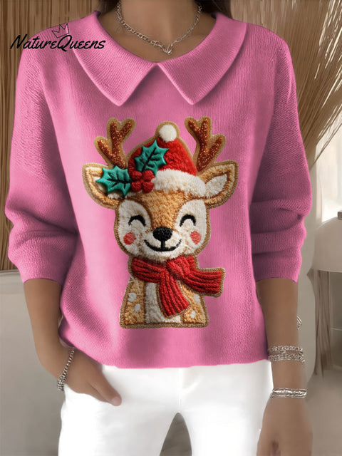 Women's Cute Deer Reindeer Christmas Print Casual Peter Pan Collar 3/4 Sleeve Sweater