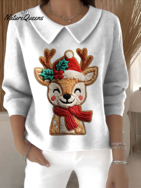 Women's Cute Deer Reindeer Christmas Print Casual Peter Pan Collar 3/4 Sleeve Sweater