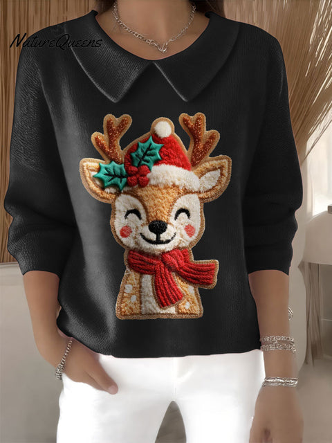 Women's Cute Deer Reindeer Christmas Print Casual Peter Pan Collar 3/4 Sleeve Sweater