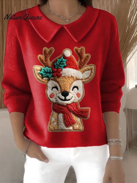 Women's Cute Deer Reindeer Christmas Print Casual Peter Pan Collar 3/4 Sleeve Sweater