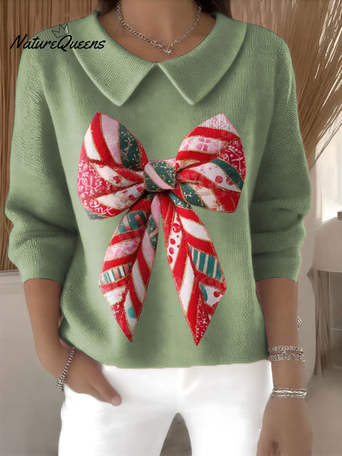 Women's Christmas Bow Coquette Print Casual Peter Pan Collar 3/4 Sleeve Sweater