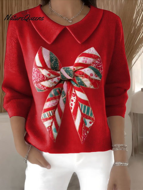 Women's Christmas Bow Coquette Print Casual Peter Pan Collar 3/4 Sleeve Sweater