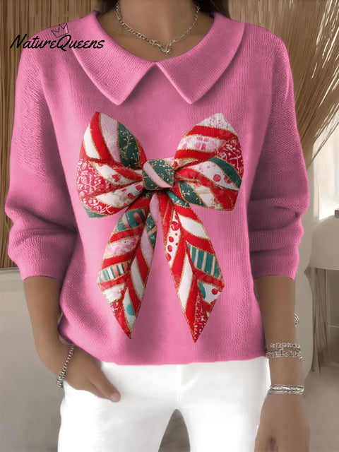 Women's Christmas Bow Coquette Print Casual Peter Pan Collar 3/4 Sleeve Sweater