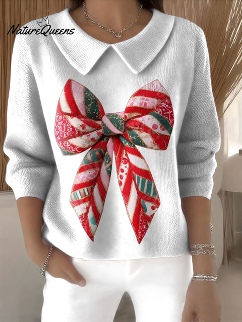 Women's Christmas Bow Coquette Print Casual Peter Pan Collar 3/4 Sleeve Sweater