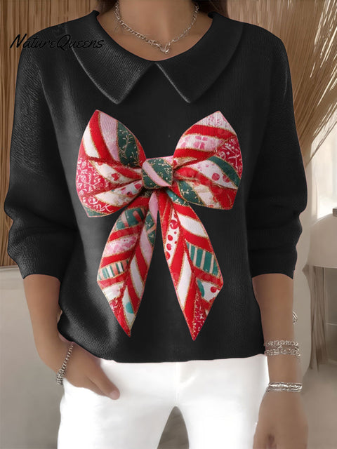 Women's Christmas Bow Coquette Print Casual Peter Pan Collar 3/4 Sleeve Sweater