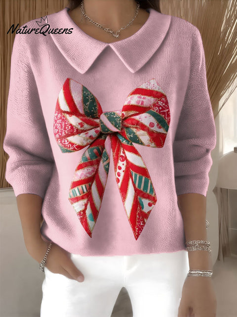 Women's Christmas Bow Coquette Print Casual Peter Pan Collar 3/4 Sleeve Sweater
