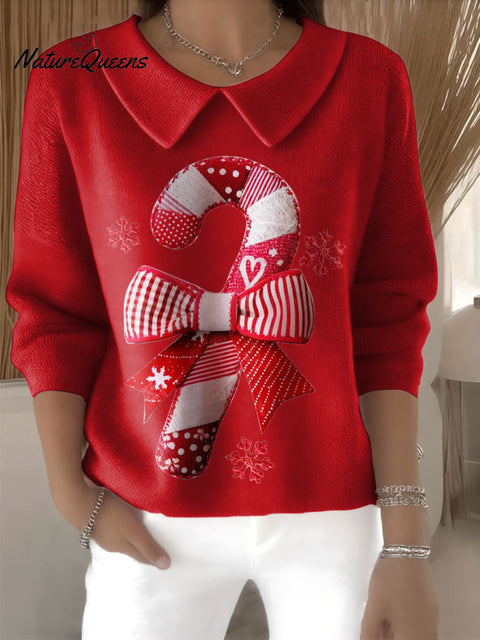 Women's Patchwork Sugar Cane Christmas Print Casual Peter Pan Collar 3/4 Sleeve Sweater