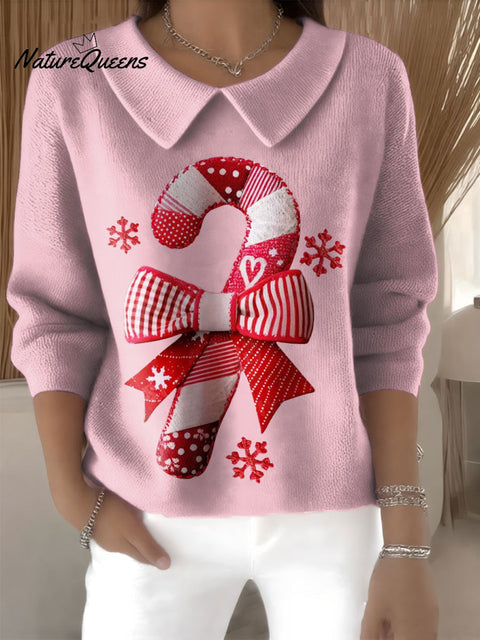 Women's Patchwork Sugar Cane Christmas Print Casual Peter Pan Collar 3/4 Sleeve Sweater