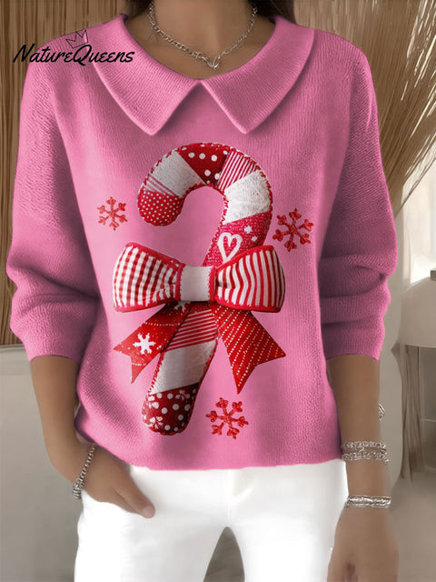 Women's Patchwork Sugar Cane Christmas Print Casual Peter Pan Collar 3/4 Sleeve Sweater