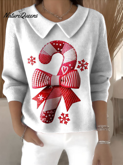 Women's Patchwork Sugar Cane Christmas Print Casual Peter Pan Collar 3/4 Sleeve Sweater
