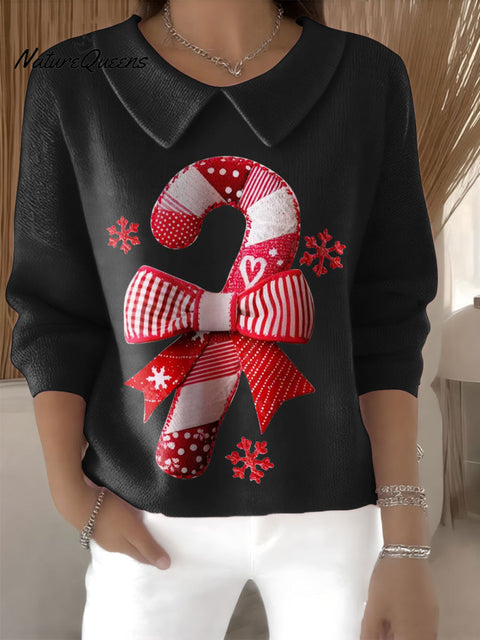 Women's Patchwork Sugar Cane Christmas Print Casual Peter Pan Collar 3/4 Sleeve Sweater