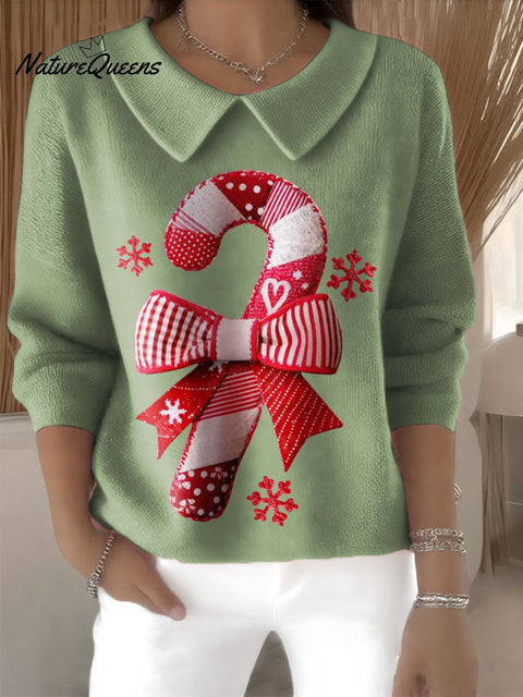 Women's Patchwork Sugar Cane Christmas Print Casual Peter Pan Collar 3/4 Sleeve Sweater
