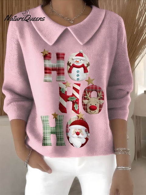 Women's Ho Ho HO Christmas Santa Claus Print Casual Peter Pan Collar 3/4 Sleeve Sweater