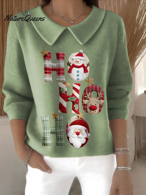 Women's Ho Ho HO Christmas Santa Claus Print Casual Peter Pan Collar 3/4 Sleeve Sweater
