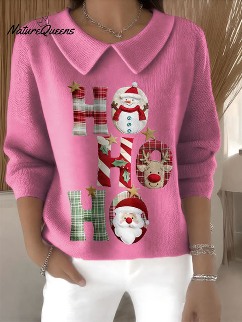 Women's Ho Ho HO Christmas Santa Claus Print Casual Peter Pan Collar 3/4 Sleeve Sweater