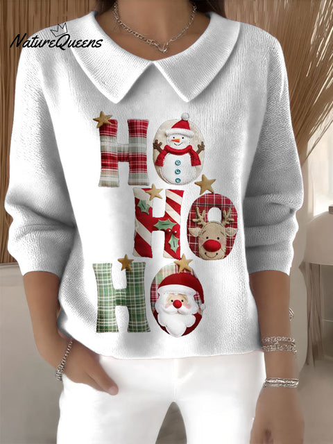 Women's Ho Ho HO Christmas Santa Claus Print Casual Peter Pan Collar 3/4 Sleeve Sweater