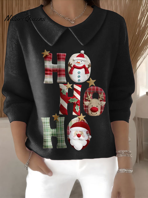 Women's Ho Ho HO Christmas Santa Claus Print Casual Peter Pan Collar 3/4 Sleeve Sweater